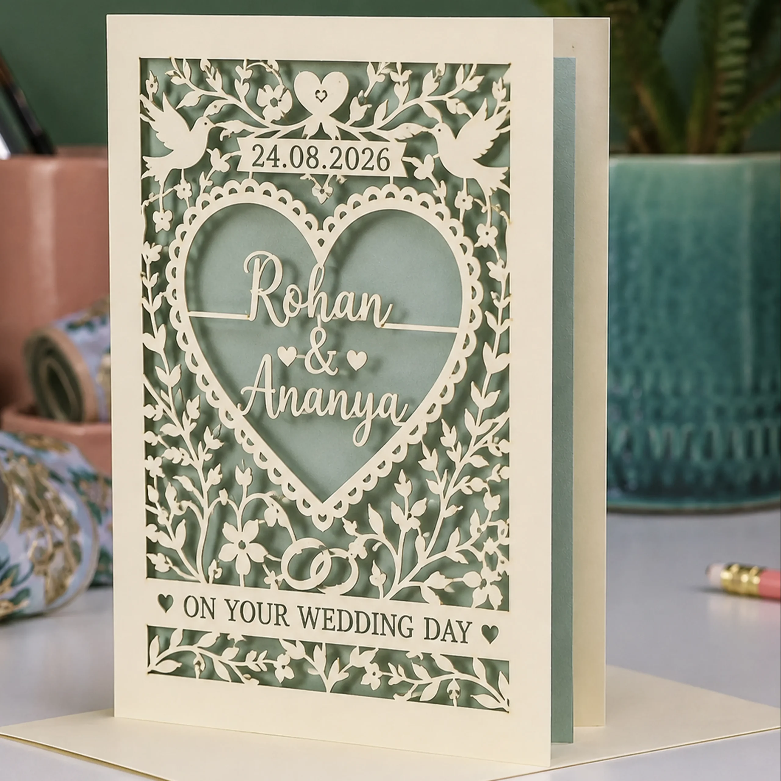 Personalized laser cut wedding card with names and date