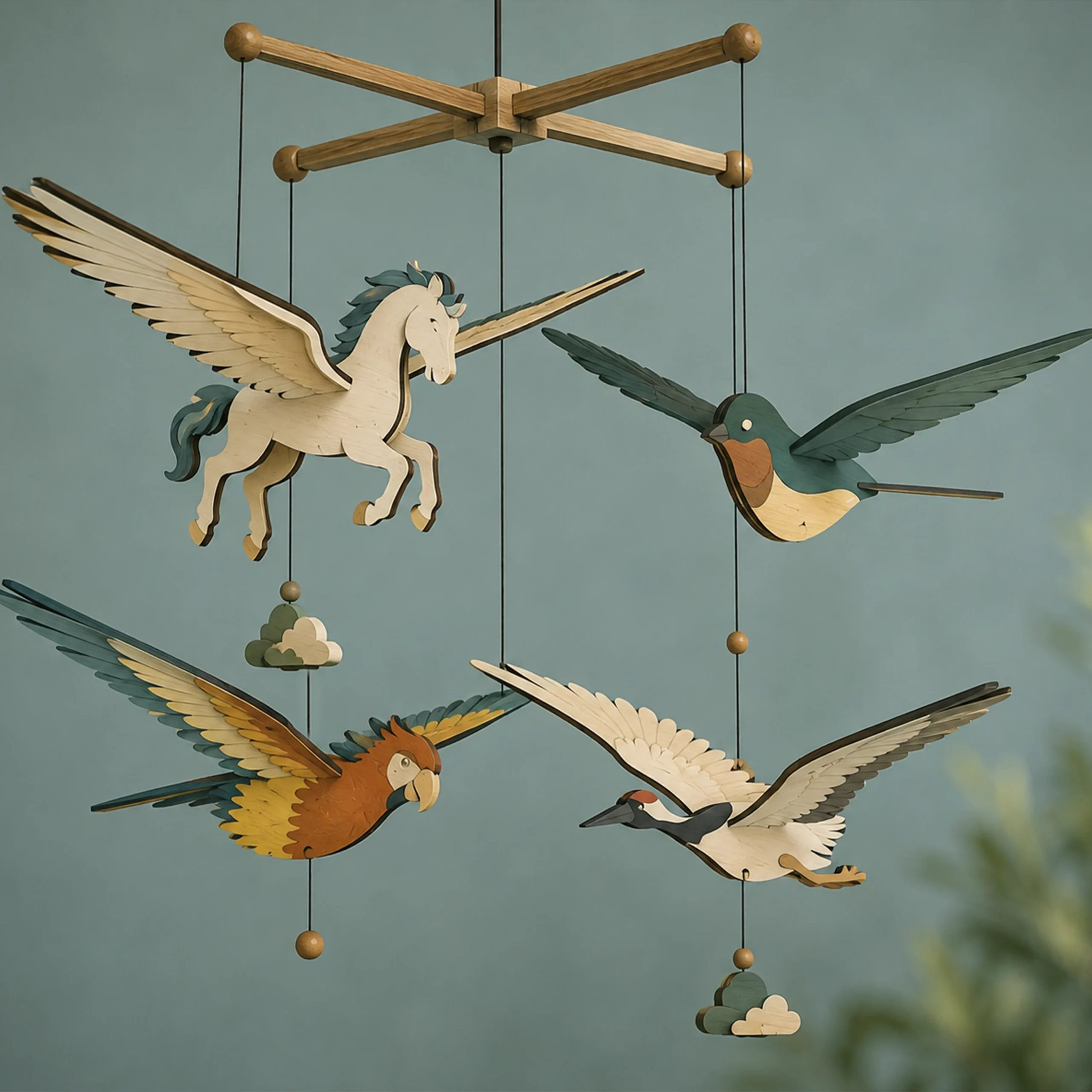 Wooden nursery hanging mobile with pegasus and birds