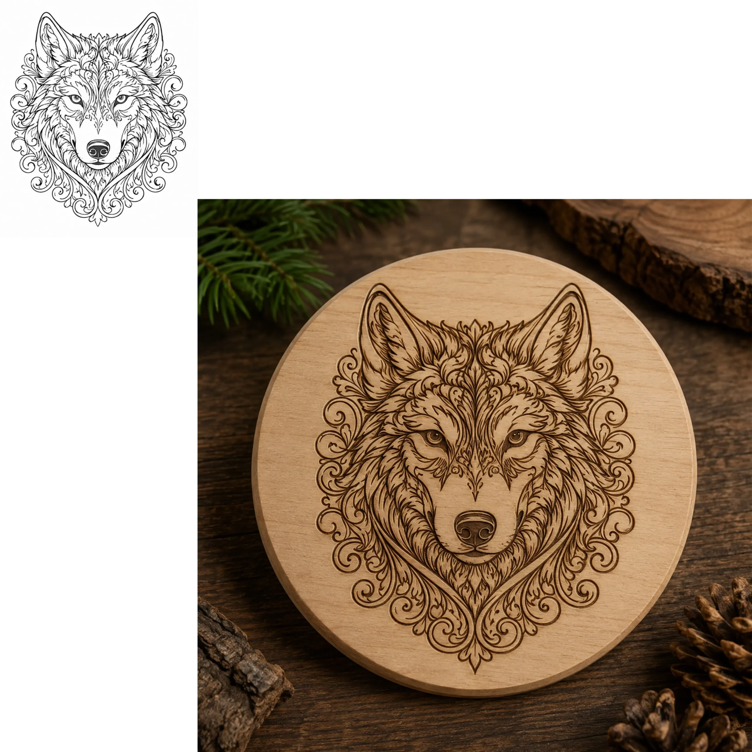 Ornamental wolf line art engraved on wood — vector file and finished output